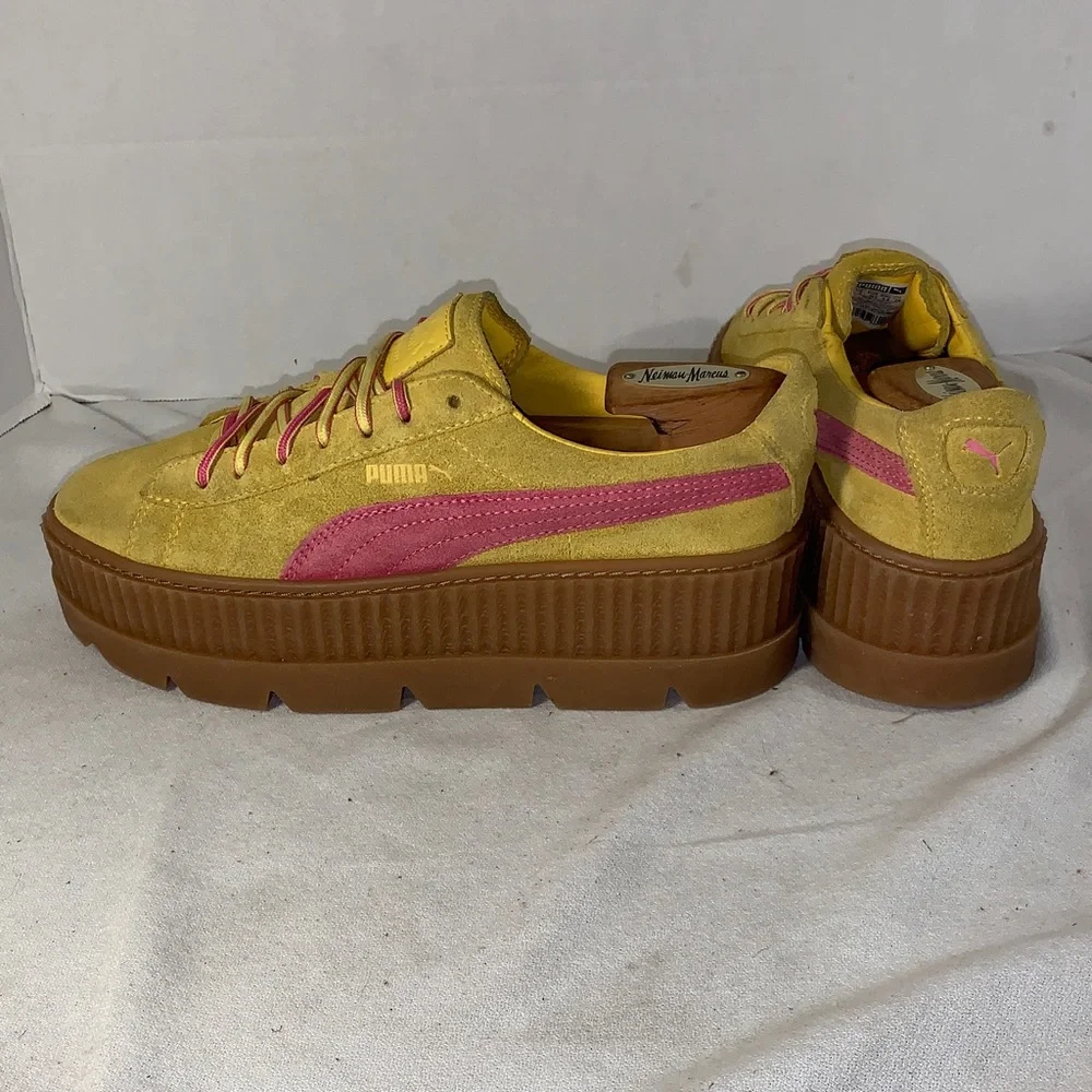 Puma Womens ‘Cleated Creeper’ Yellow Suede Platform Sneakers with Pink Stripe